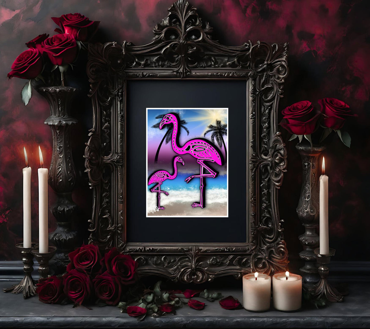 Flamingo Skeletons Art Print – Dark Gothic Ocean Vibes, Spooky Coastal Art, 11x14 Matted or Frameable 8x10 Design