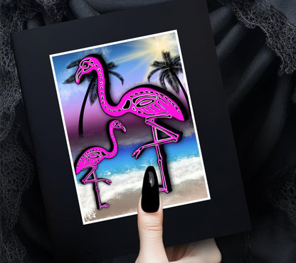 Flamingo Skeletons Art Print – Dark Gothic Ocean Vibes, Spooky Coastal Art, 11x14 Matted or Frameable 8x10 Design