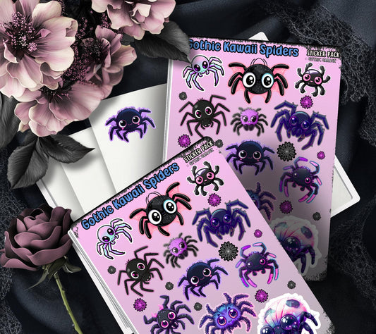 Gothic Kawaii Spiders Sticker Sheets for Collecting and Scrapbooking - High-Quality, Vibrant Designs, Perfect Budget Friendly Gifts