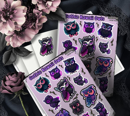 Gothic Kawaii Owls Sticker Sheets for Collecting and Scrapbooking - High-Quality, Vibrant Designs, Perfect Budget Friendly Gifts