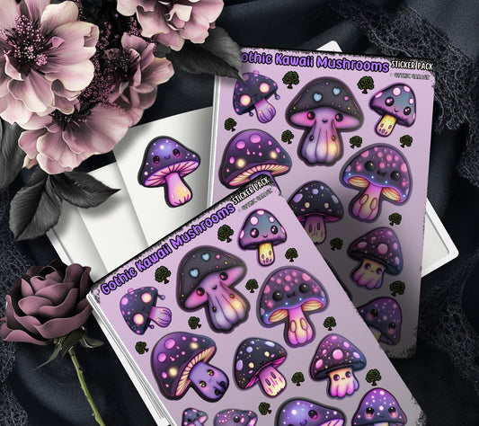 Gothic Kawaii Mushrooms Sticker Sheets for Collecting and Scrapbooking - High-Quality, Vibrant Designs, Perfect Budget Friendly Gifts