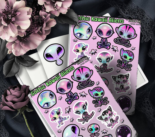 Gothic Kawaii Aliens Sticker Sheets for Collecting and Scrapbooking - High-Quality, Vibrant Designs, Perfect Budget Friendly Gifts