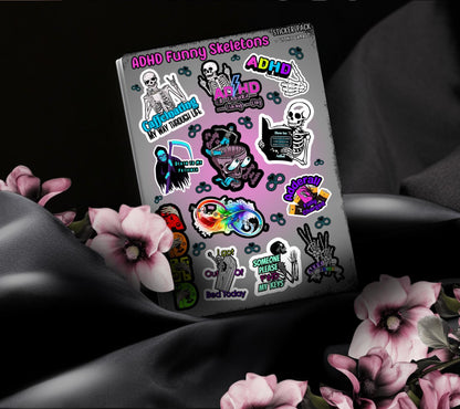 ADHD & Neurodivergent Funny Skeletons Sticker Sheet, Budget Friendly Gift for Friends, Collecting and Scrapbooking