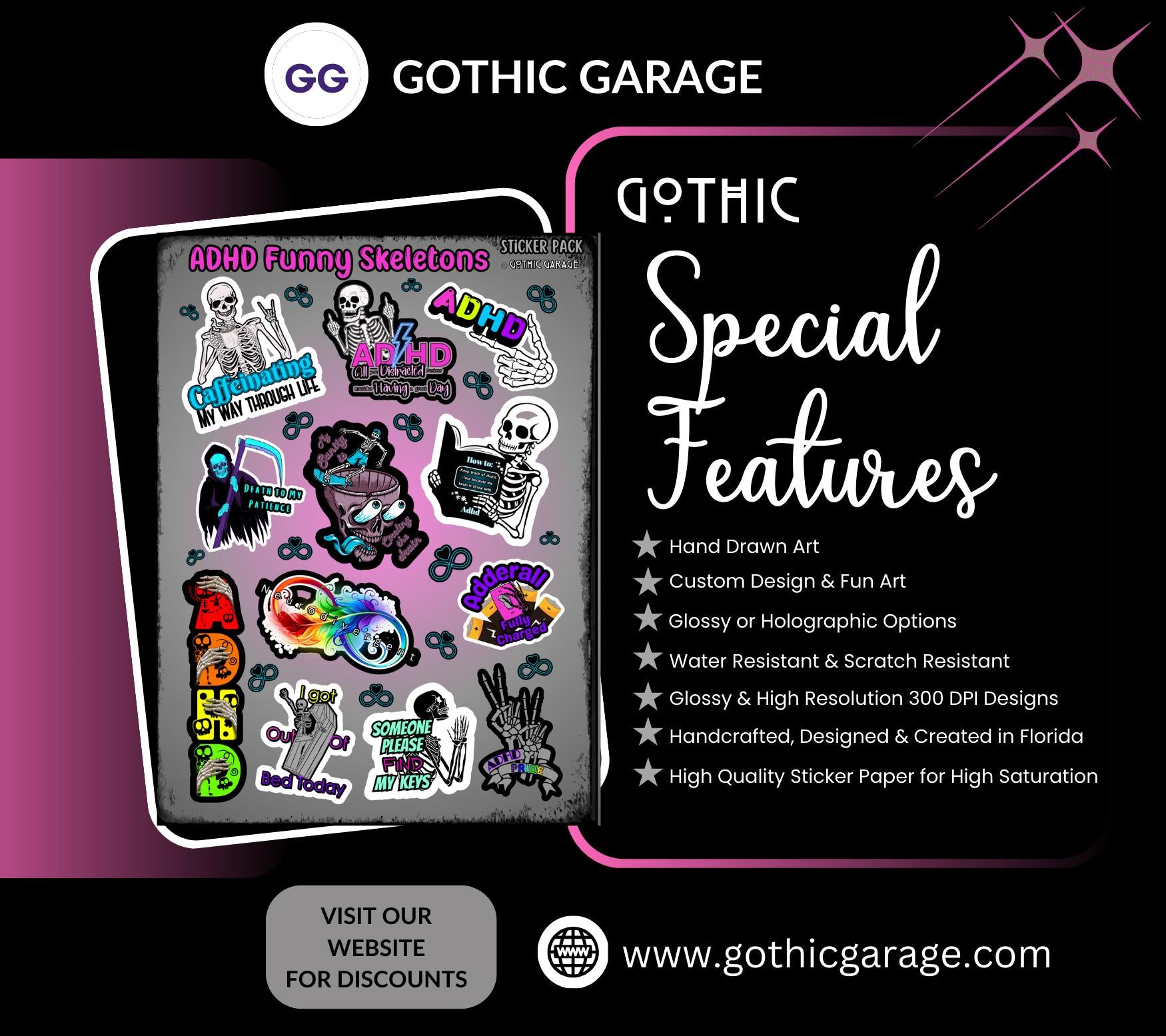 ADHD & Neurodivergent Funny Skeletons Sticker Sheet, Budget Friendly Gift for Friends, Collecting and Scrapbooking