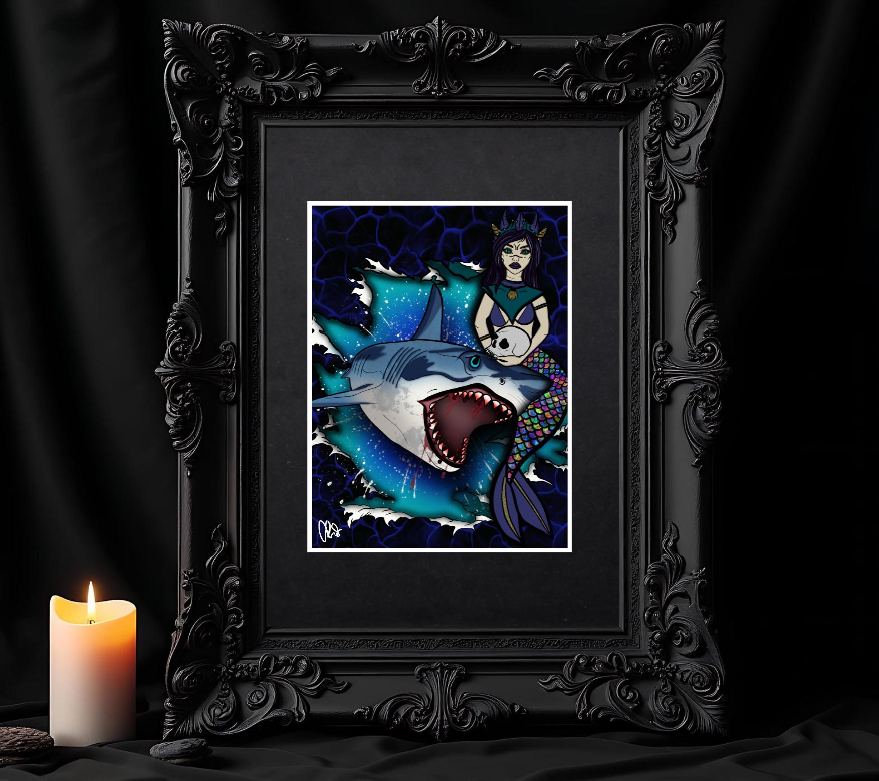 Shark & Siren Art Print – Dark Gothic Ocean Horror, Spooky Coastal Art, 11x14 Matted or Frameable 8x10 Design