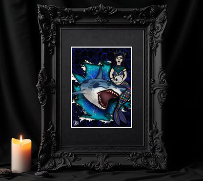 Shark & Siren Art Print – Dark Gothic Ocean Horror, Spooky Coastal Art, 11x14 Matted or Frameable 8x10 Design