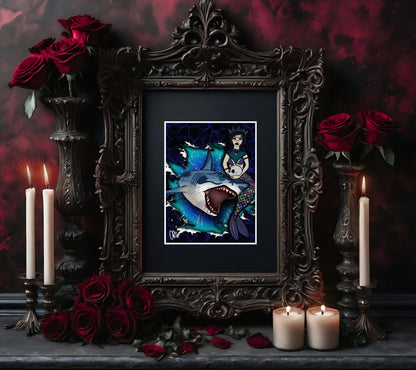 Shark & Siren Art Print – Dark Gothic Ocean Horror, Spooky Coastal Art, 11x14 Matted or Frameable 8x10 Design