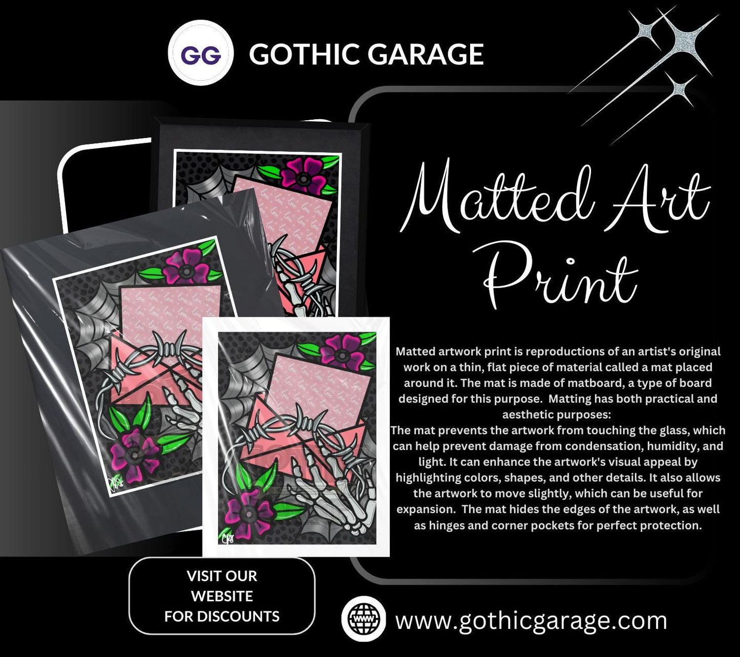 Barb Wire Love Letter Gothic Art Print – Skeleton Hand, Dark Flowers & Spider Webs, 11x14 Matted Valentine’s Day Wall Decor