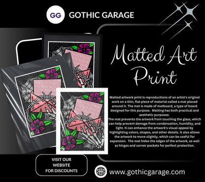 Barb Wire Love Letter Gothic Art Print – Skeleton Hand, Dark Flowers & Spider Webs, 11x14 Matted Valentine’s Day Wall Decor