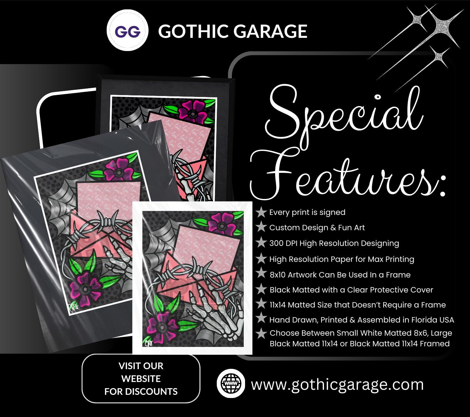 Barb Wire Love Letter Gothic Art Print – Skeleton Hand, Dark Flowers & Spider Webs, 11x14 Matted Valentine’s Day Wall Decor