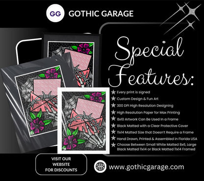 Barb Wire Love Letter Gothic Art Print – Skeleton Hand, Dark Flowers & Spider Webs, 11x14 Matted Valentine’s Day Wall Decor