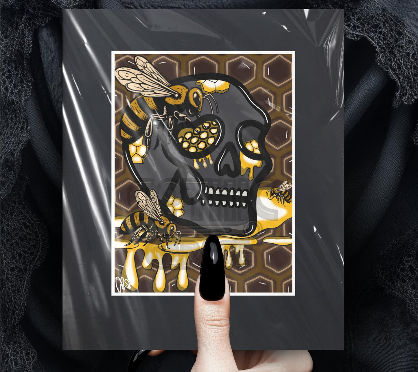 Gothic Skull Honey Hive Art Print – Bees, Nectar & Darkly Sweet Vibes – 11x14 Matted Artwork for Gothic Home Decor