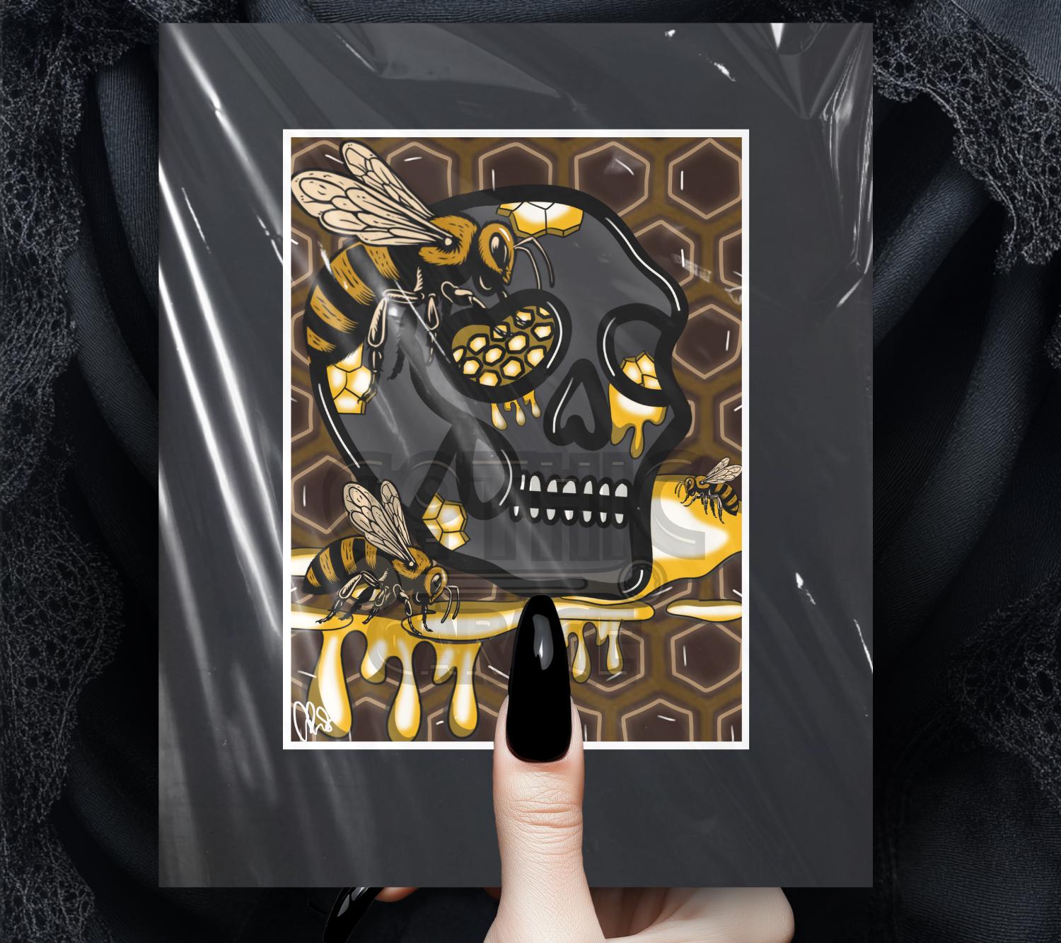 Gothic Skull Honey Hive Art Print – Bees, Nectar & Darkly Sweet Vibes – 11x14 Matted Artwork for Gothic Home Decor