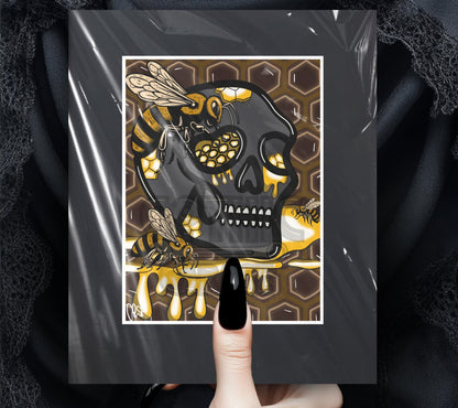Gothic Skull Honey Hive Art Print – Bees, Nectar & Darkly Sweet Vibes – 11x14 Matted Artwork for Gothic Home Decor