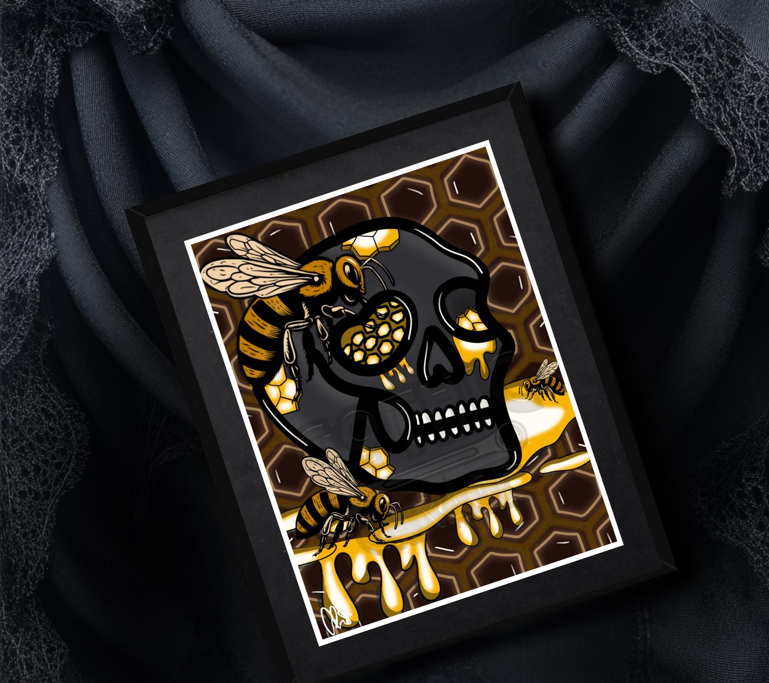 Gothic Skull Honey Hive Art Print – Bees, Nectar & Darkly Sweet Vibes – 11x14 Matted Artwork for Gothic Home Decor