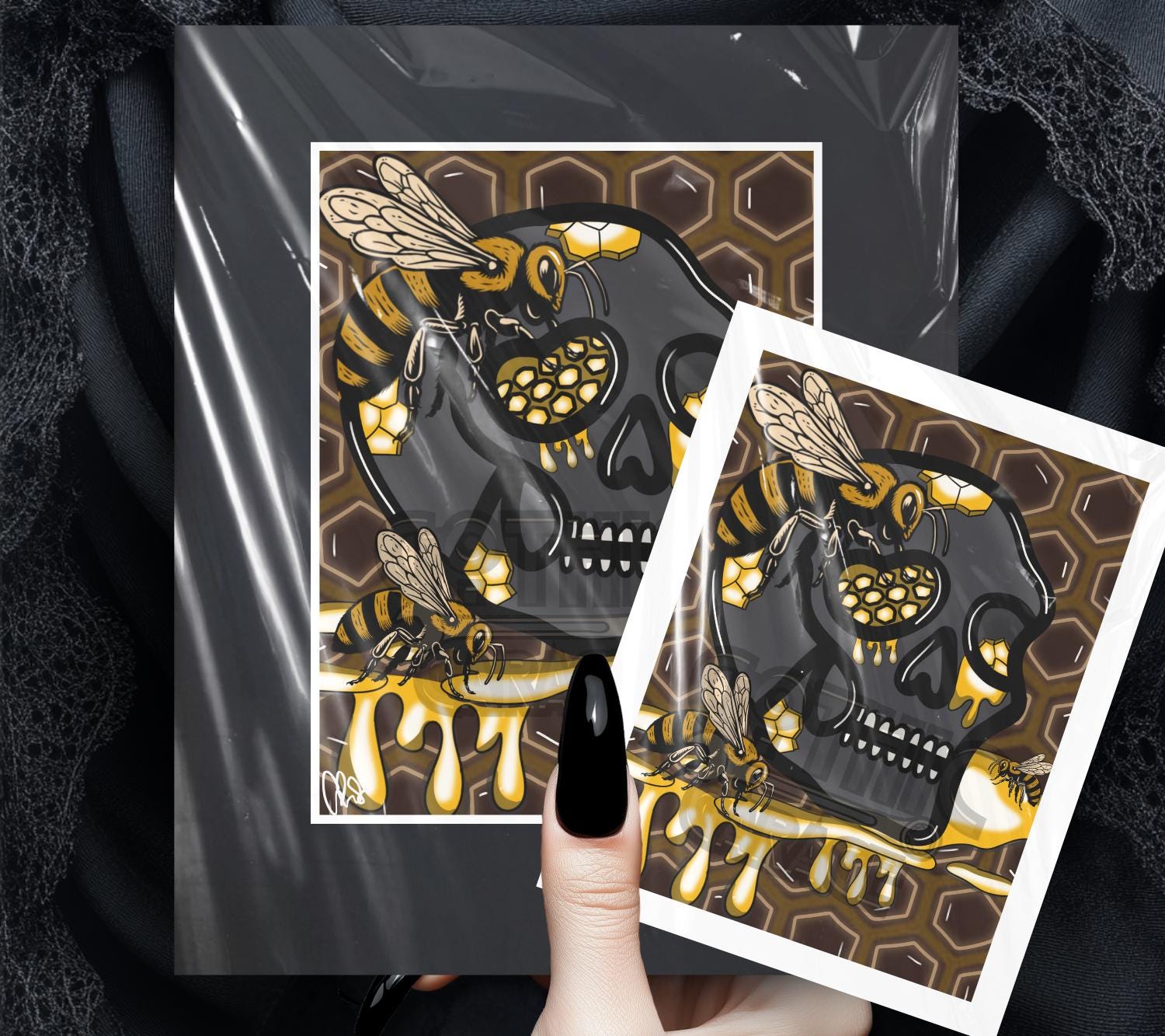 Gothic Skull Honey Hive Art Print – Bees, Nectar & Darkly Sweet Vibes – 11x14 Matted Artwork for Gothic Home Decor