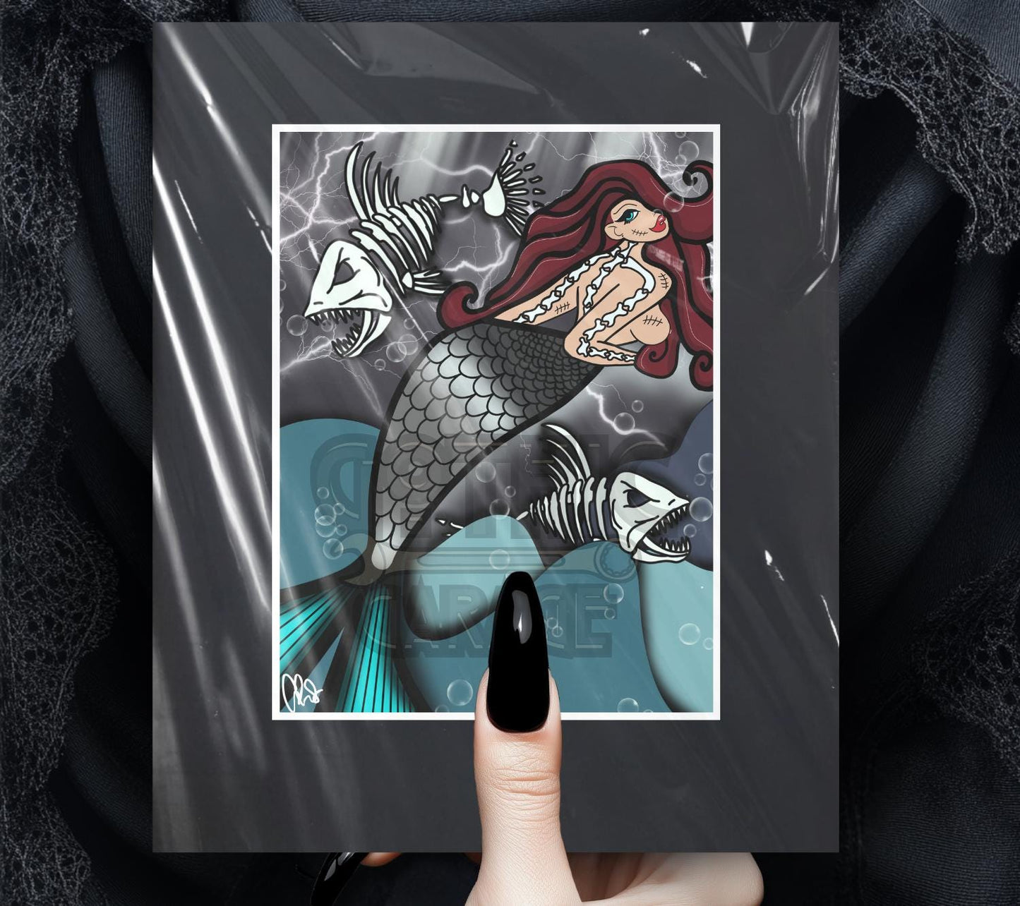 Skeleton Mermaid & Dead Sea Gothic Art Print – Haunting Red-Haired Siren with Dead Fish in Dark Ocean, 11x14 Matted Unique Decor