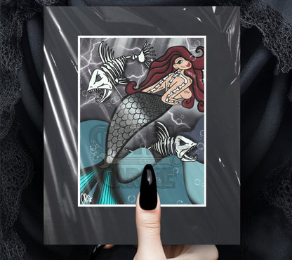 Skeleton Mermaid & Dead Sea Gothic Art Print – Haunting Red-Haired Siren with Dead Fish in Dark Ocean, 11x14 Matted Unique Decor