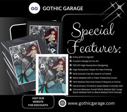 Skeleton Mermaid & Dead Sea Gothic Art Print – Haunting Red-Haired Siren with Dead Fish in Dark Ocean, 11x14 Matted Unique Decor
