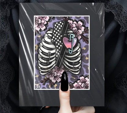 Punk Skeleton Rib Cage & Cherry Blossoms- 11x14 Matted Art Print, Gothic and Alternative Wall Decor