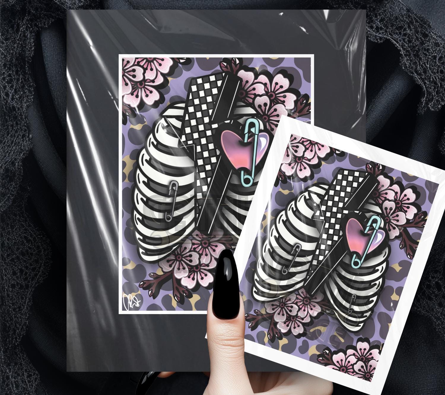 Punk Rib‑Cage Skeleton Print – Cherry Blossom Gothic Art, 8×6 or 11×14 Matted