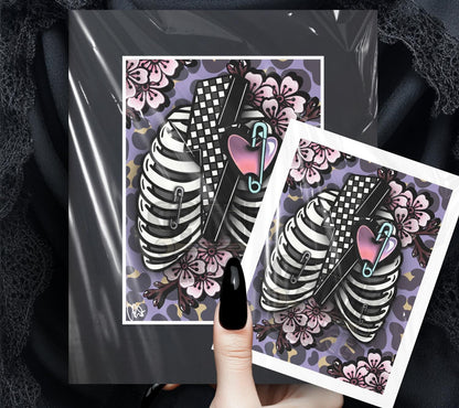 Punk Rib‑Cage Skeleton Print – Cherry Blossom Gothic Art, 8×6 or 11×14 Matted