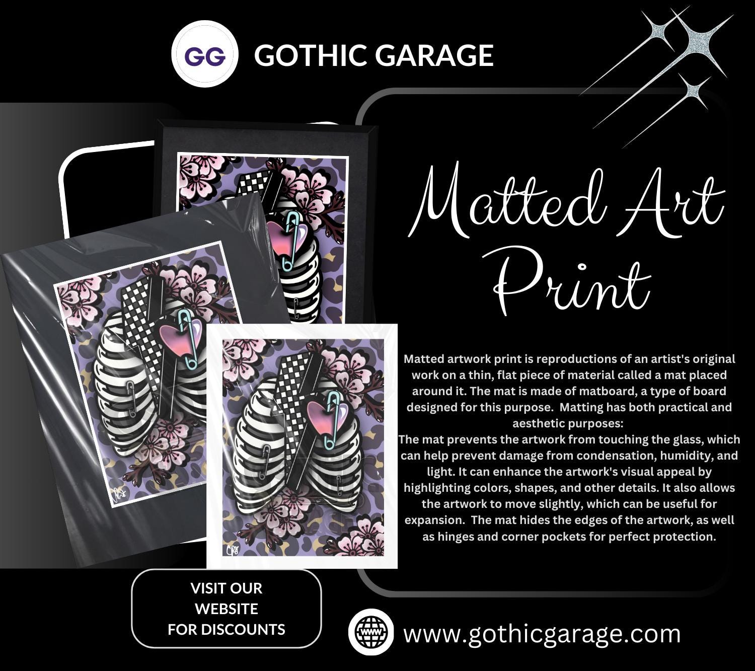 Punk Skeleton Rib Cage & Cherry Blossoms- 11x14 Matted Art Print, Gothic and Alternative Wall Decor