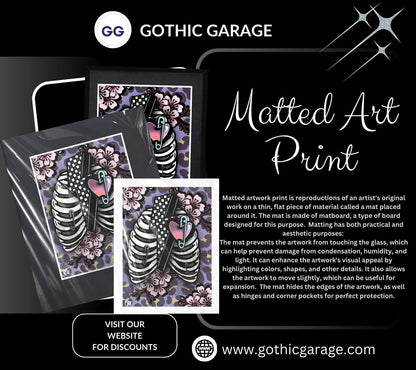 Punk Skeleton Rib Cage & Cherry Blossoms- 11x14 Matted Art Print, Gothic and Alternative Wall Decor