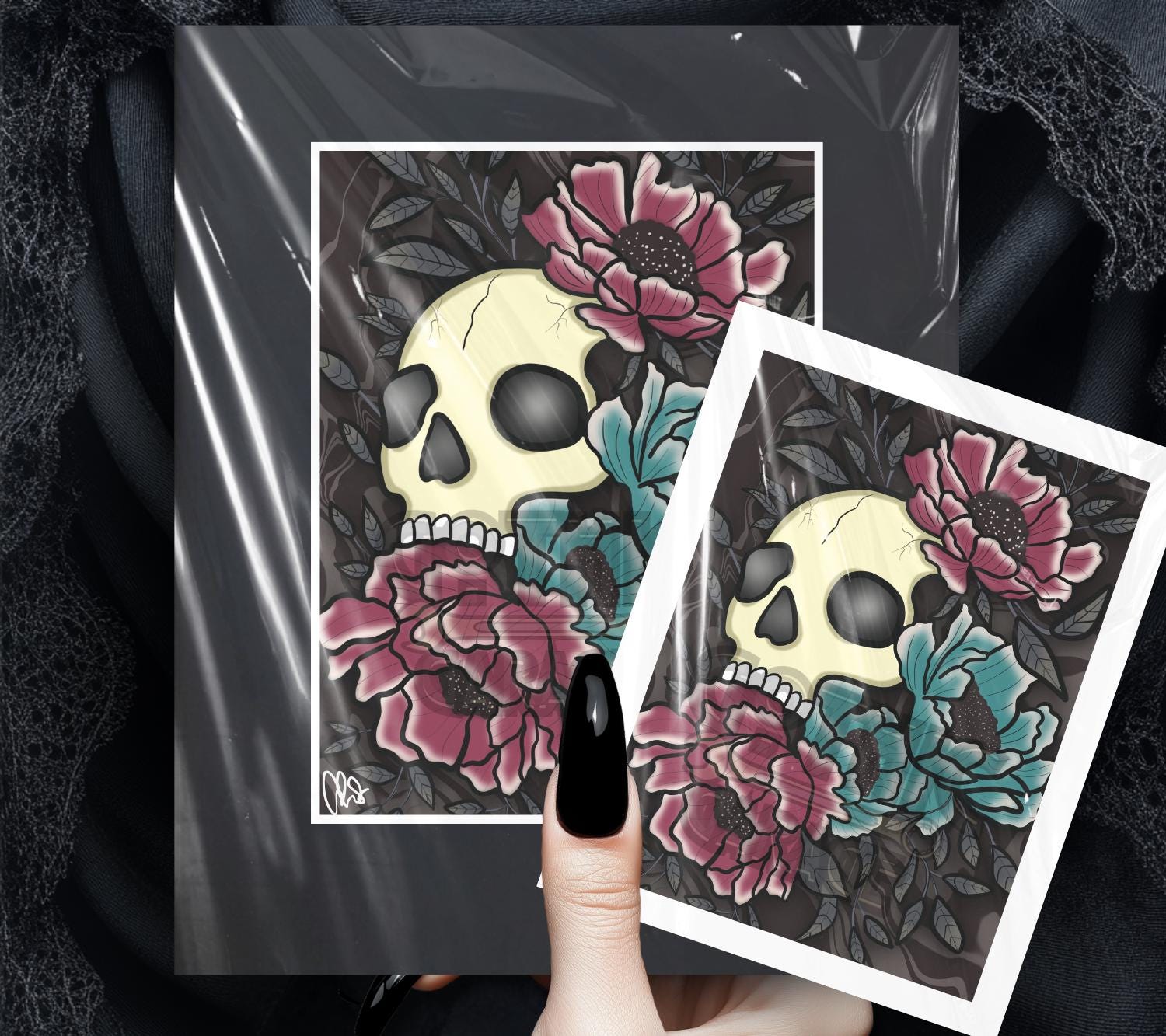 Vintage Floral Skull Matted Art Print – Gothic Elegance Meets Timeless Beauty – 11x14 Matted Goth & Dark Wall Decor