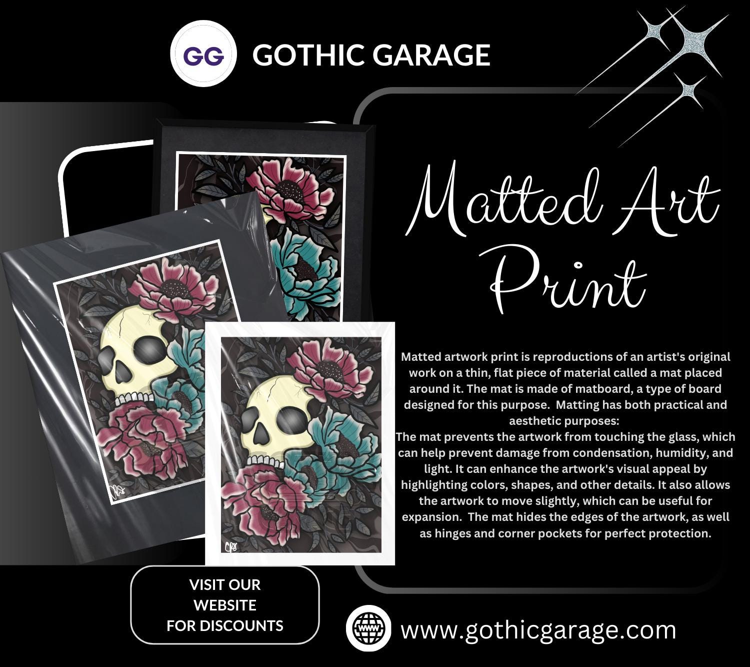 Vintage Floral Skull Matted Art Print – Gothic Elegance Meets Timeless Beauty – 11x14 Matted Goth & Dark Wall Decor