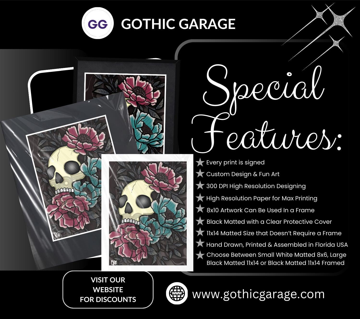 Vintage Floral Skull Matted Art Print – Gothic Elegance Meets Timeless Beauty – 11x14 Matted Goth & Dark Wall Decor