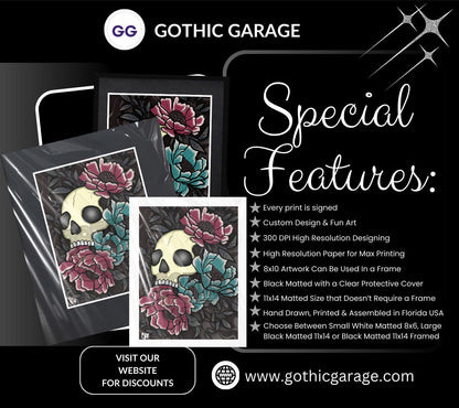 Vintage Floral Skull Matted Art Print – Gothic Elegance Meets Timeless Beauty – 11x14 Matted Goth & Dark Wall Decor