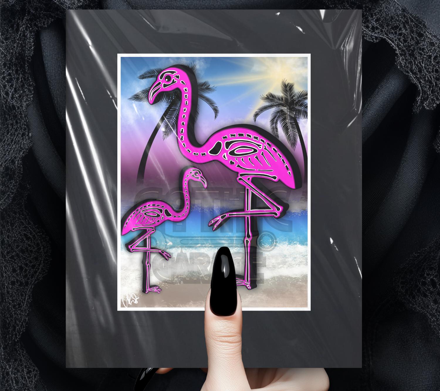 Flamingo Skeletons Art Print – Dark Gothic Ocean Vibes, Spooky Coastal Art, 11x14 Matted or Frameable 8x10 Design