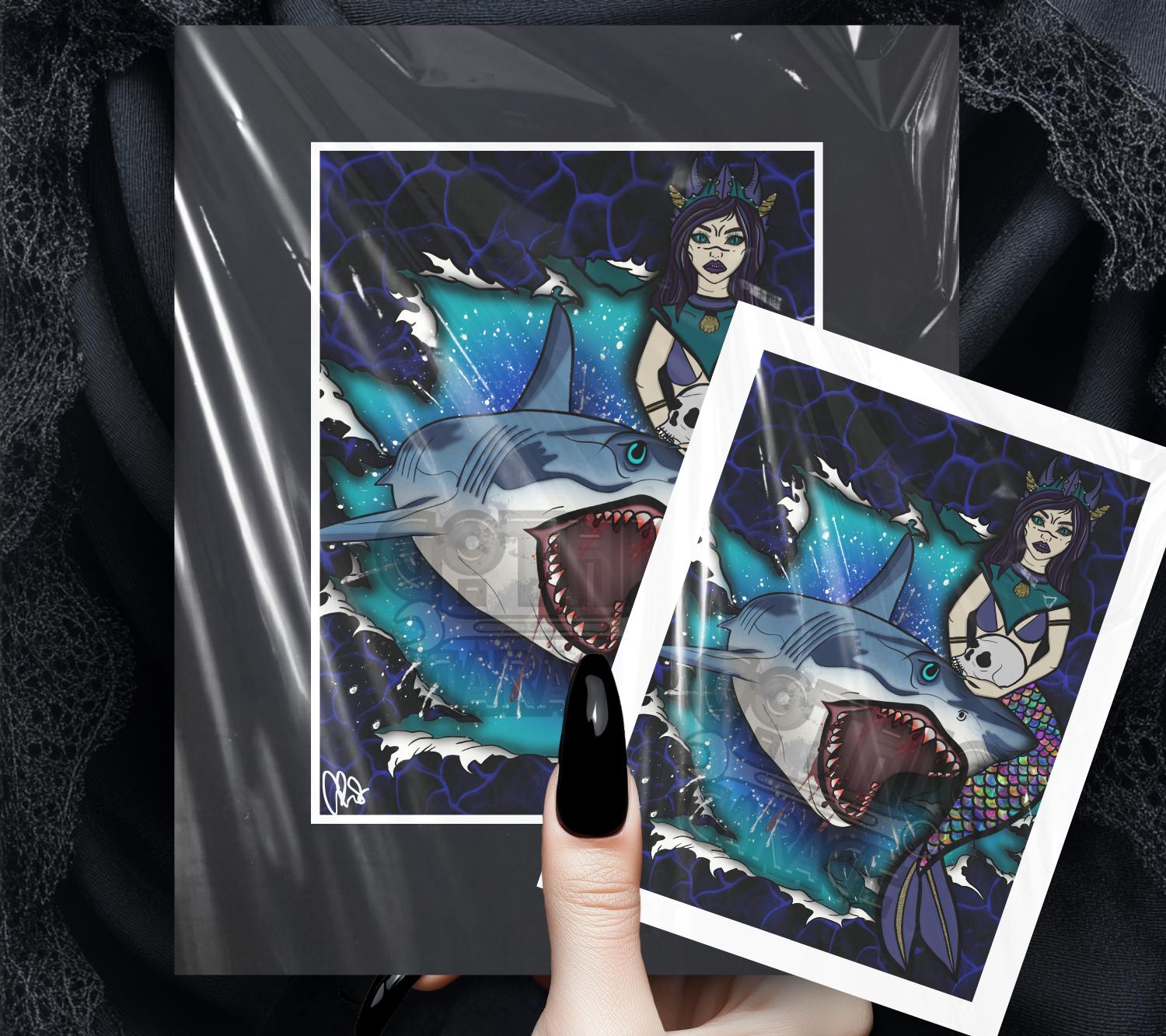 Shark & Siren Art Print – Dark Gothic Ocean Horror, Spooky Coastal Art, 11x14 Matted or Frameable 8x10 Design