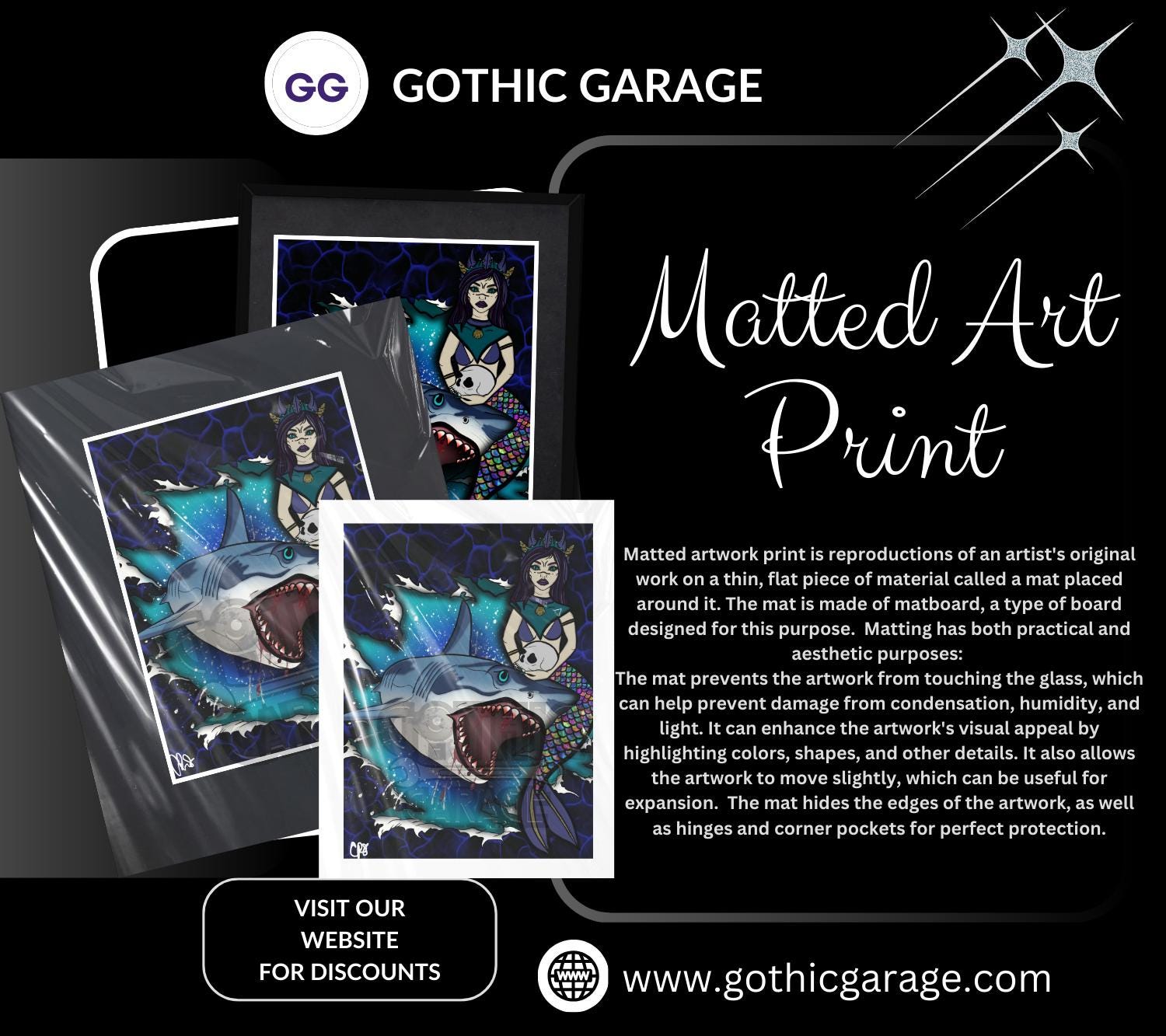 Shark & Siren Art Print – Dark Gothic Ocean Horror, Spooky Coastal Art, 11x14 Matted or Frameable 8x10 Design