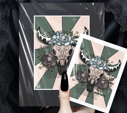 Gothic Cow Skull Floral Wall Art – Western Skull Print with Pearls & Roses, Various Hanging Options Available