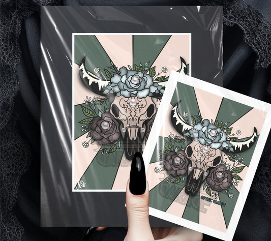Gothic Cow Skull Floral Wall Art – Western Skull Print with Pearls & Roses, Various Hanging Options Available