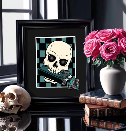 Gothic Skull & Chained Book Art Print – Alt Pop Art for Book Lovers, Perfect For Goth Loft Decor, Various Hanging Options Available