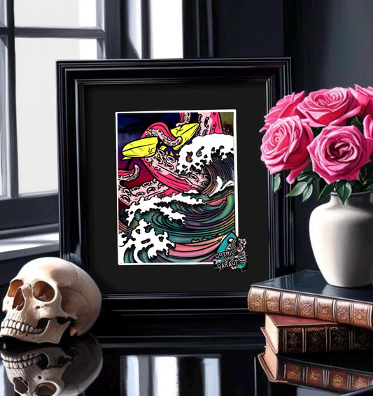 Gothic Surreal Coastal Art Print – Octopus Wave Pop Art, Perfect For Goths or Beach Decor, Various Hanging Options Available