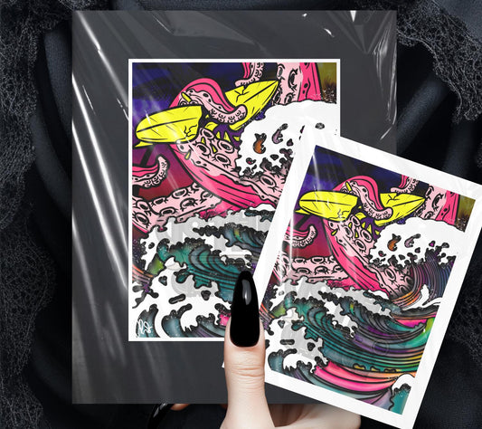 Gothic Surreal Coastal Art Print – Octopus Wave Pop Art, Perfect For Goths or Beach Decor, Various Hanging Options Available