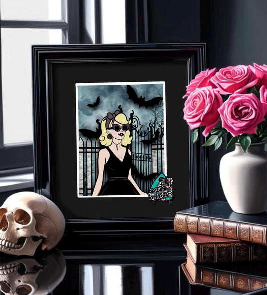 Gothic Rockabilly Female Art Print – Vintage Pin-up Vibes, Perfect Art For Horror Fans, 11x14 Matted or Frameable 8x10 Design