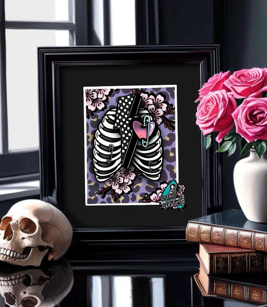 Punk Skeleton Rib Cage & Cherry Blossoms- 11x14 Matted Art Print, Gothic and Alternative Wall Decor