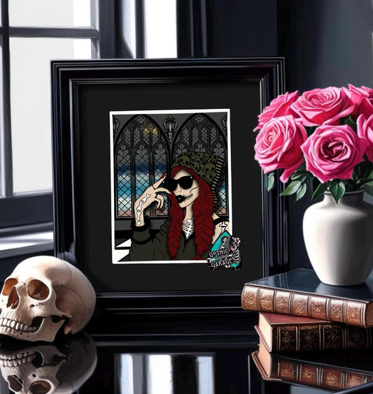 Gothic Church Skeleton Woman Matted Art Print – Hauntingly Beautiful & Mysterious – 11x14 Goth and Dark Macabre Wall Decor