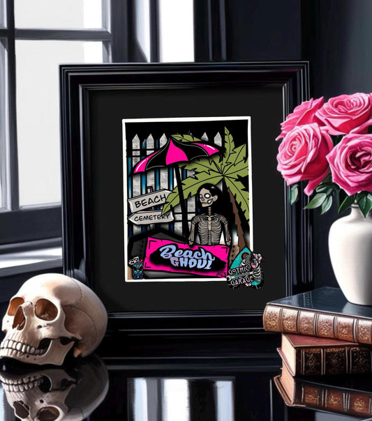 Skeleton Beach Ghoul - Matted Gothic Art Print, Dark Fantasy Wall Art 11x14 Handcrafted in Florida