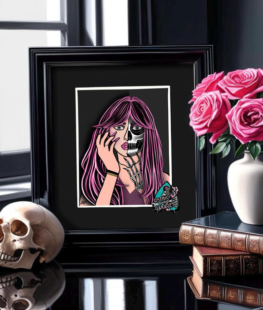 Pop Art Femme Fatale – Two-Faced Gothic Beauty & Skeleton Print, 11x14 Matted Goth and Beach Decor