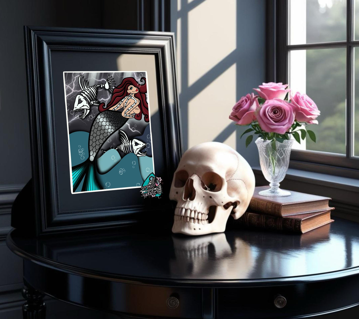 Skeleton Mermaid & Dead Sea Gothic Art Print – Haunting Red-Haired Siren with Dead Fish in Dark Ocean, 11x14 Matted Unique Decor