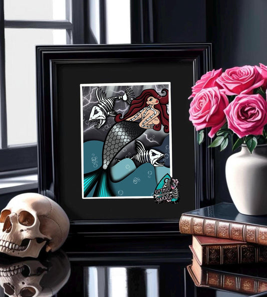 Skeleton Mermaid & Dead Sea Gothic Art Print – Haunting Red-Haired Siren with Dead Fish in Dark Ocean, 11x14 Matted Unique Decor