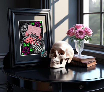 Barb Wire Love Letter Gothic Art Print – Skeleton Hand, Dark Flowers & Spider Webs, 11x14 Matted Valentine’s Day Wall Decor