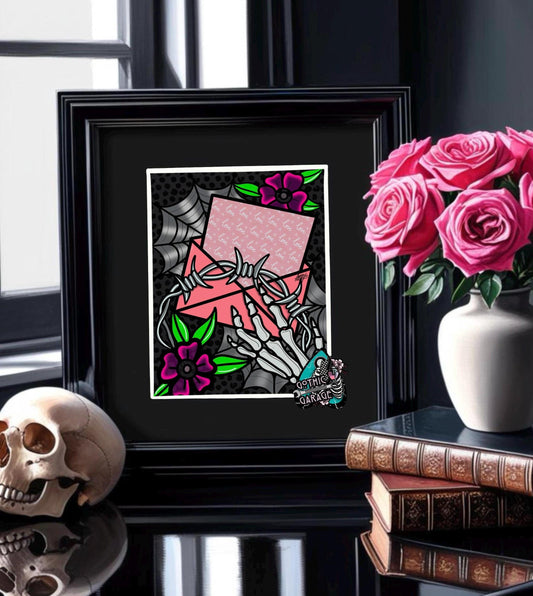 Barb Wire Love Letter Gothic Art Print – Skeleton Hand, Dark Flowers & Spider Webs, 11x14 Matted Valentine’s Day Wall Decor