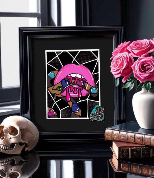 Gothic Valentine’s Day Art Print – Skulls, Conversation Hearts & Roses, 11x14 Matted, Romantic Dark Aesthetic Home Decor